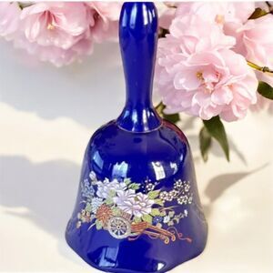 Flambro Vintage Blue Bell with Cart and Flowers Porcelain Collectible